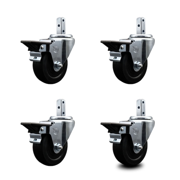 3.5'' Soft Rubber Wheel Swivel 3/4'' Square Stem Caster Set with Brake, 4PK